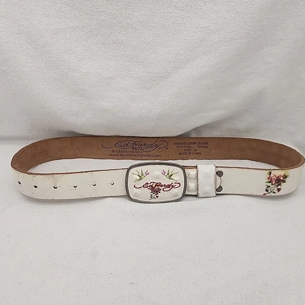 Belt Ed Hardy by Christian Audigier Womens Tattoo Graphic Studded Leather M
